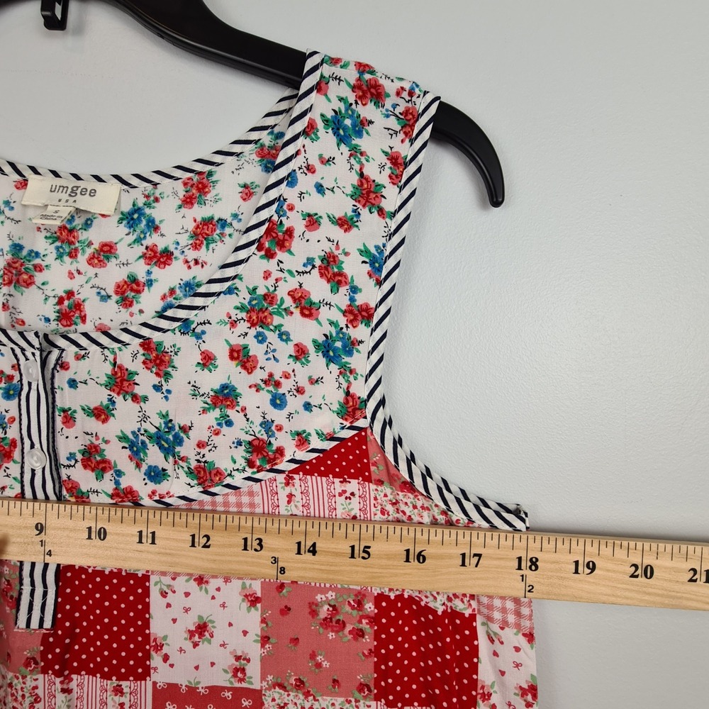 Umgee Womens Red Patchwork Floral Gingham Sleeveless Ruffle Hem Top Small Boho - Picture 4 of 7